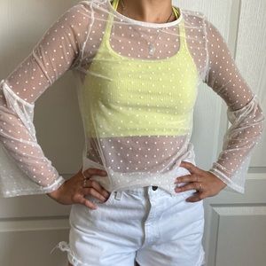 white polka dot sheer mesh long sleeve top